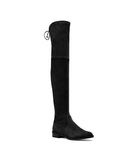 Black suede over-the-knee boot with flat heel, side zipper, and adjustable tie at the back. Stylish women's footwear, perfect for fall fashion.