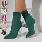 Green suede ankle boots with clear block heels, displayed against a reflective background. Includes color options: brown, white, pink, beige, black.