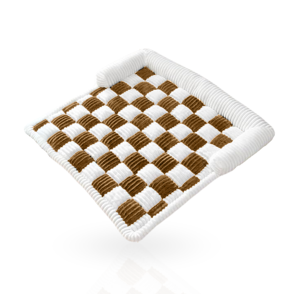 Checkered brown and white woven mat with rolled edges on a reflective black surface. Modern home decor, stylish floor accessory, unique design.