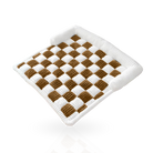 Checkered brown and white woven mat with rolled edges on a reflective black surface. Modern home decor, stylish floor accessory, unique design.