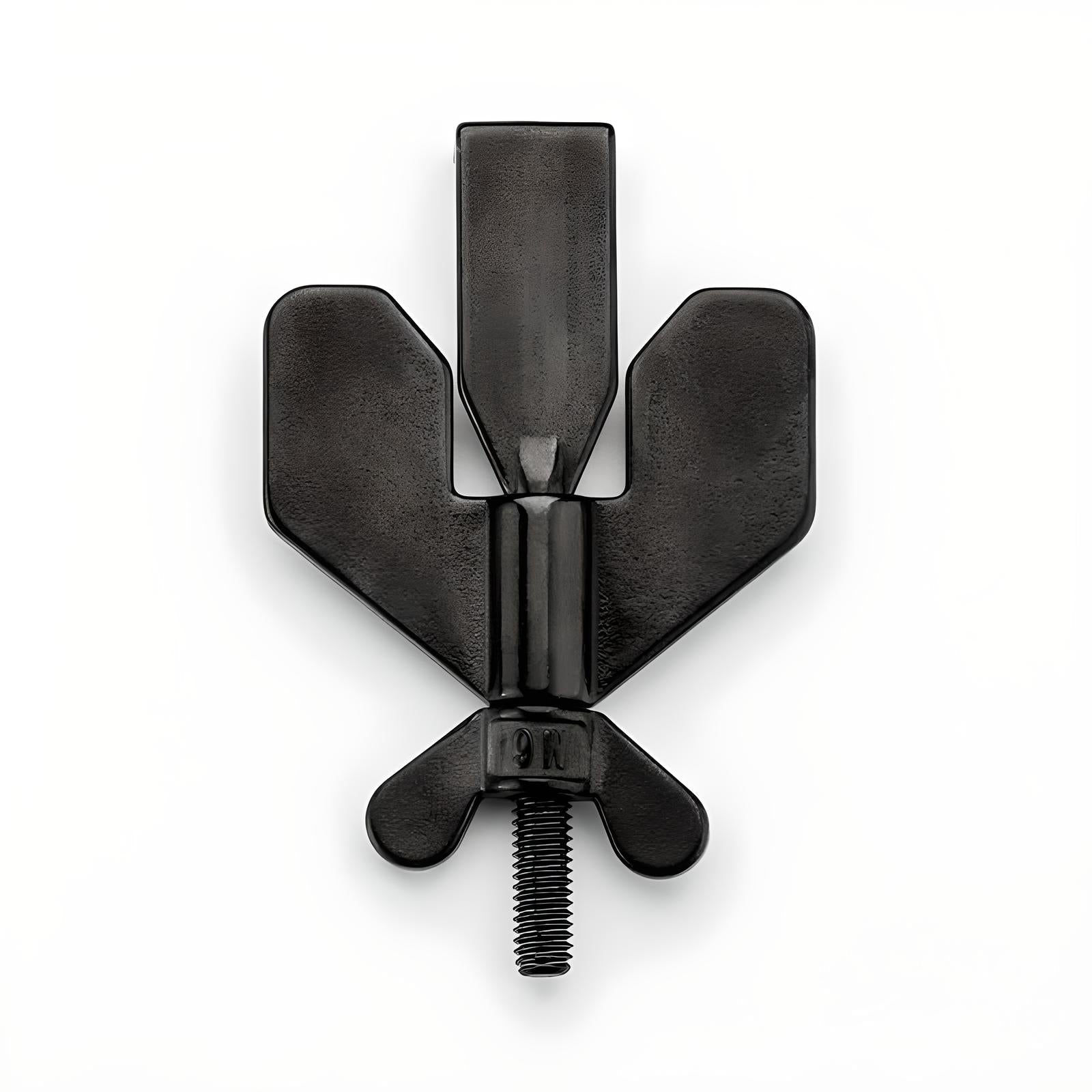 Black metal wing nut with a threaded bolt, isolated on a white background. Industrial hardware, fastening tool, durable construction accessory.