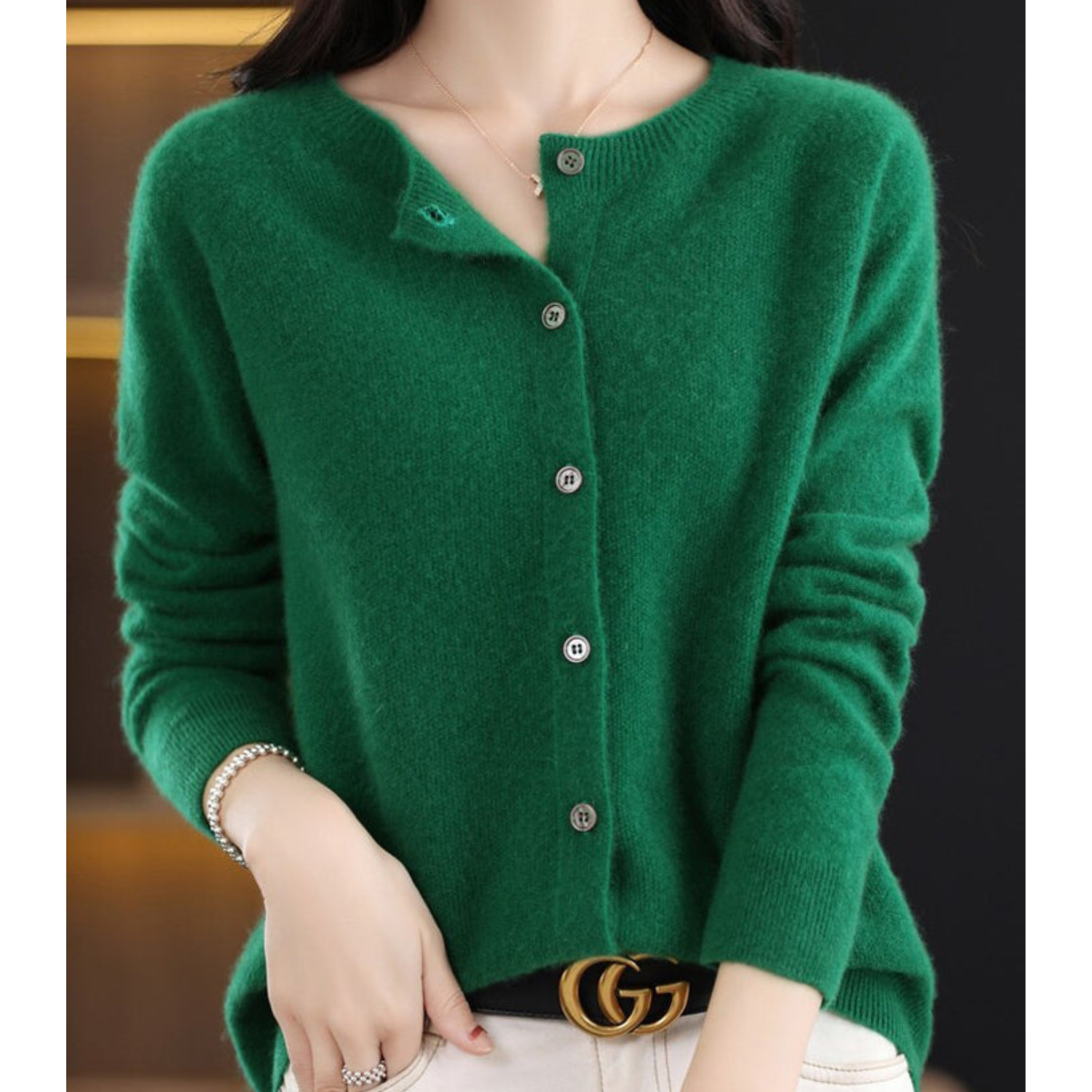 Green cashmere cardigan sweater with buttons, women's fashion, cozy winter wear.