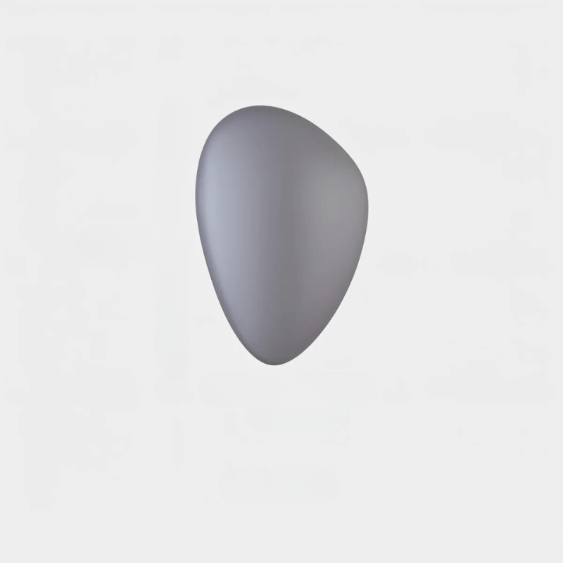 Gray ergonomic pebble-shaped wireless computer mouse on white background, minimalist design, modern tech accessory, sleek and compact.