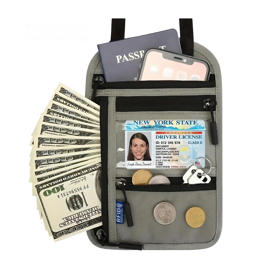 Travel neck wallet with passport, smartphone, cash, New York State driver license, RFID card, coins, and keys. Ideal for secure travel organization.