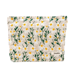 Floral makeup bag with daisy embroidery on beige fabric, featuring green stems and leaves. Perfect for cosmetics storage. Sozakka brand.