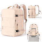 Beige travel backpack with multiple compartments, adjustable straps, and luggage sleeve. Ideal for travel, hiking, and daily use. Durable and stylish design.