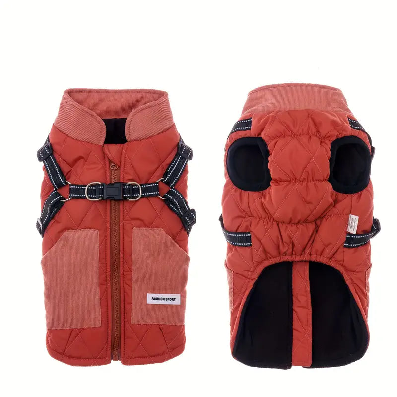 Red quilted dog jacket with harness, featuring front zipper and adjustable straps. Stylish pet apparel for small to medium dogs. Warm, durable design.