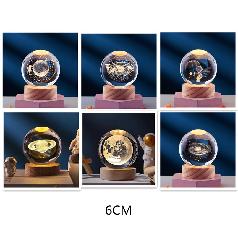 Set of six 3D crystal ball night lights featuring solar system designs on wooden bases, perfect for home decor, gifts, and astronomy enthusiasts.