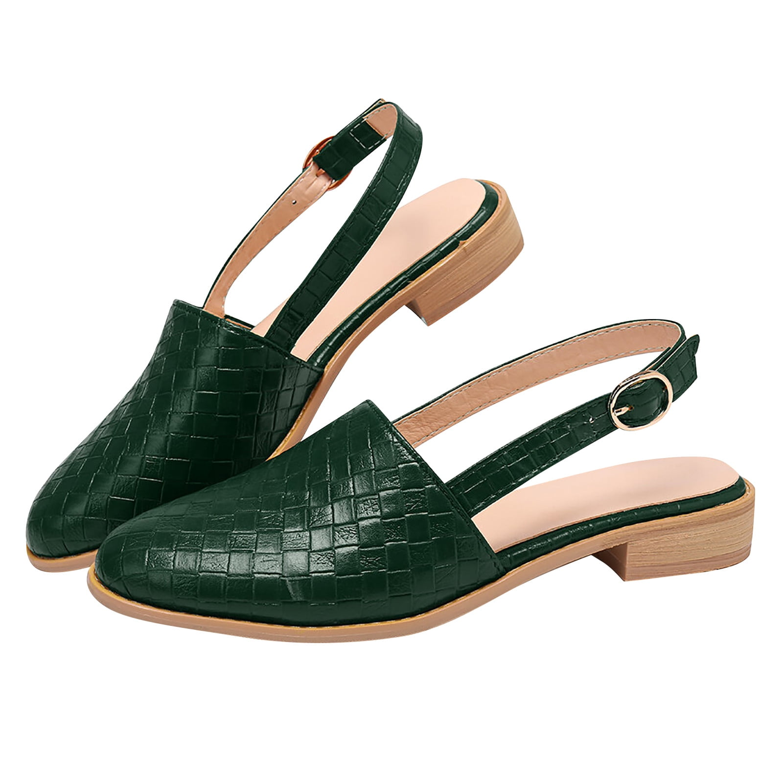 Green woven leather slingback shoes with low wooden heels, featuring a stylish and comfortable design. Perfect for casual and formal wear.