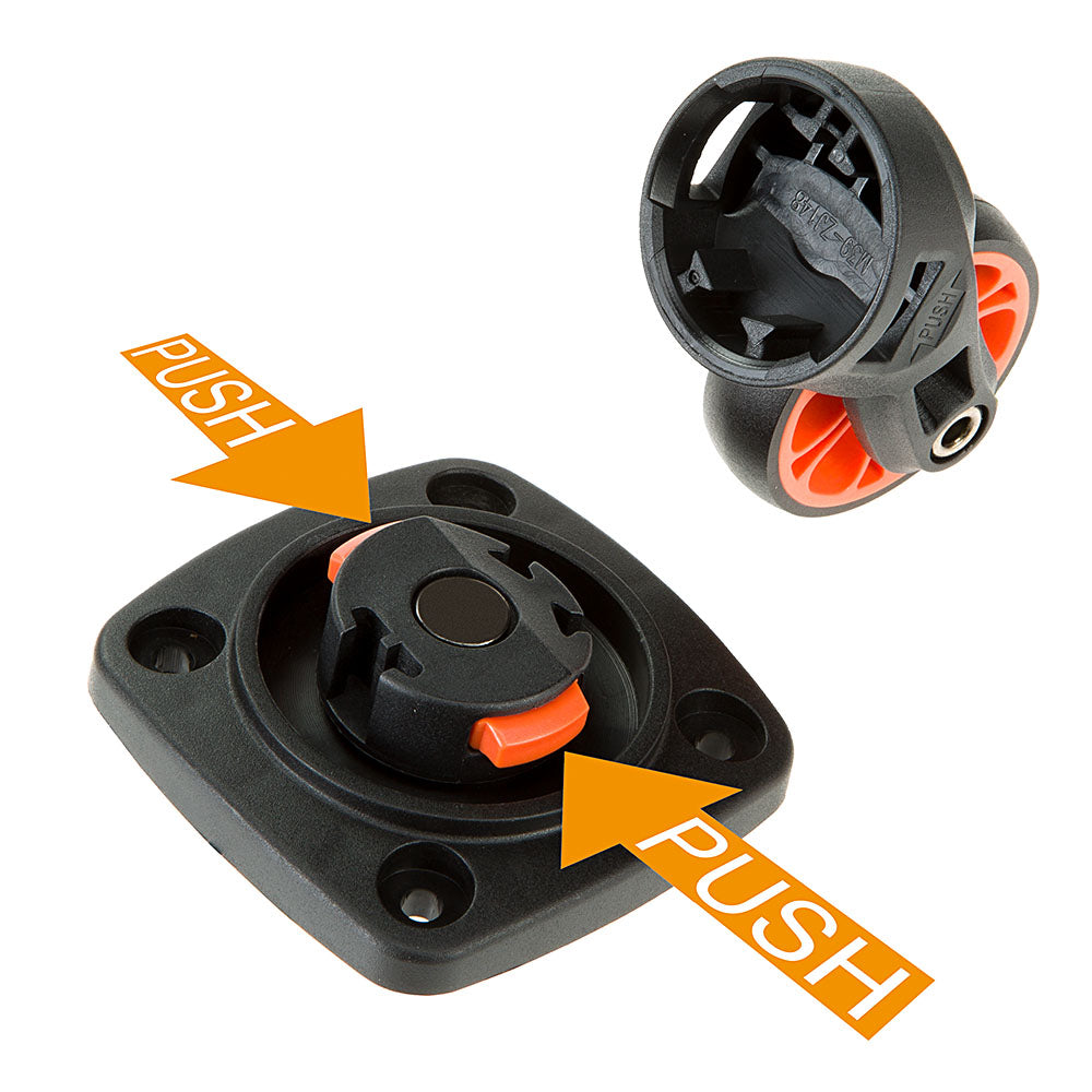 Quick release base with push-button mechanism, black and orange, for secure mounting. Ideal for marine accessories, durable and easy to install.