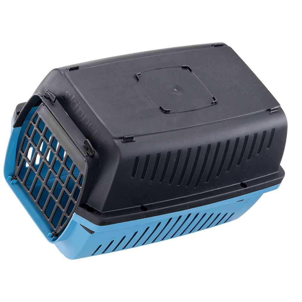 Blue and black pet carrier with ventilation slots and secure front gate, ideal for small pets. Durable travel crate for cats and small dogs.