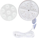 Round white shower head with multiple nozzles, detachable suction cup mount, and long flexible hose. Ideal for bathroom upgrades and easy installation.