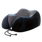 Ergonomic black memory foam neck pillow with adjustable drawstrings, ideal for travel comfort and support. Perfect for airplane or car journeys.