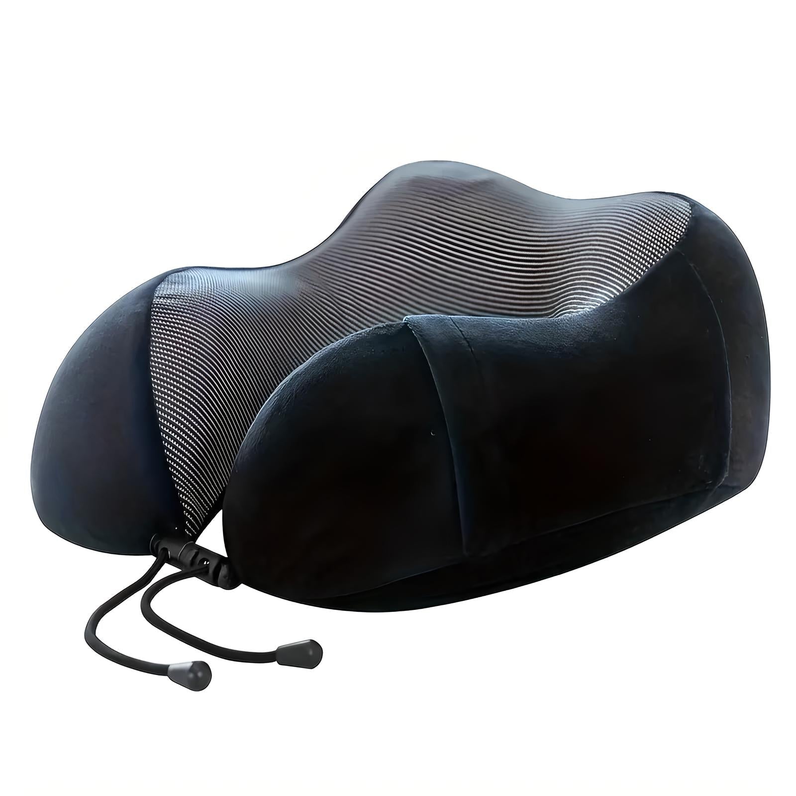 Ergonomic black memory foam neck pillow with adjustable drawstrings, ideal for travel comfort and support. Perfect for airplane or car journeys.