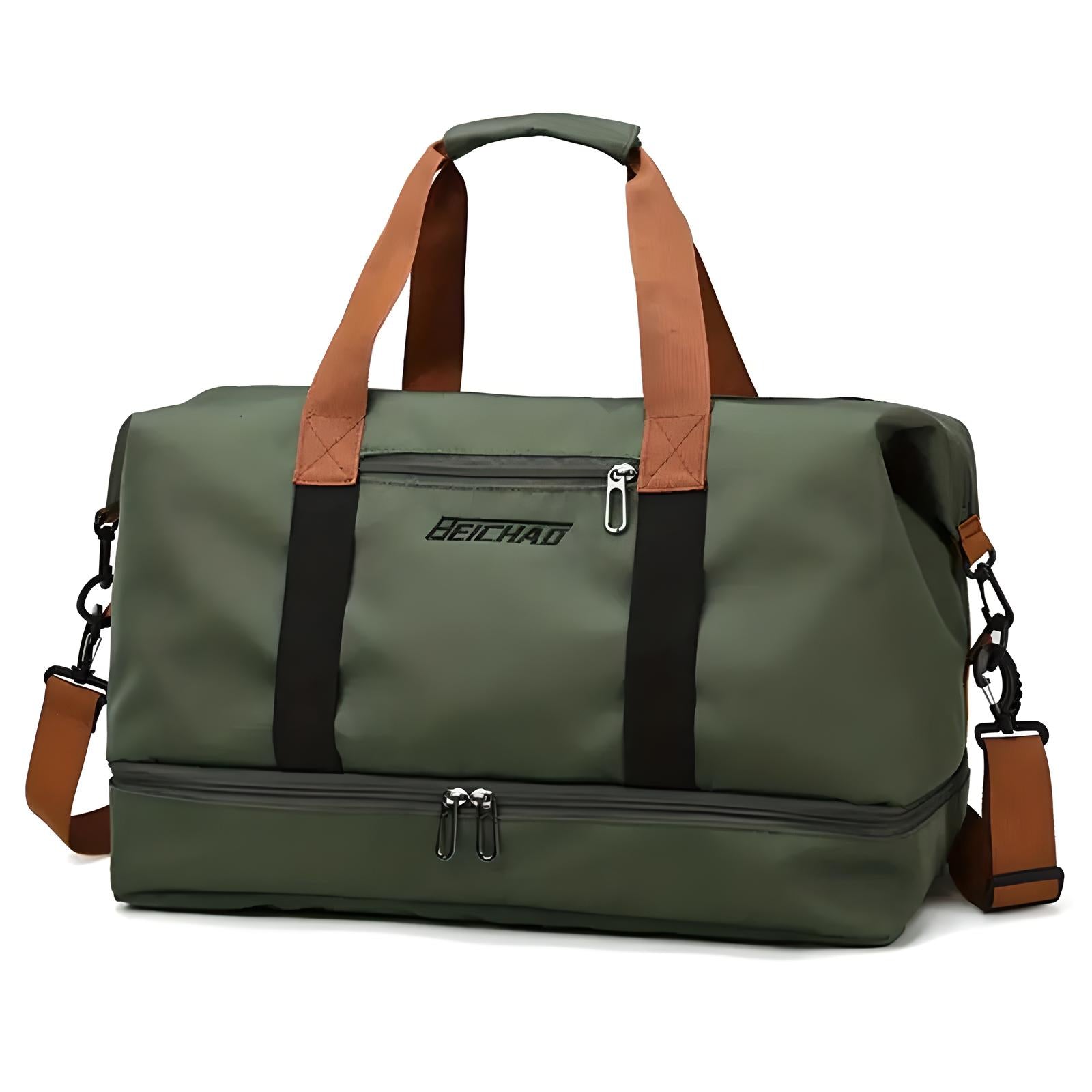 Green waterproof duffel bag with brown handles and detachable shoulder strap, featuring a spacious main compartment and zippered bottom section.