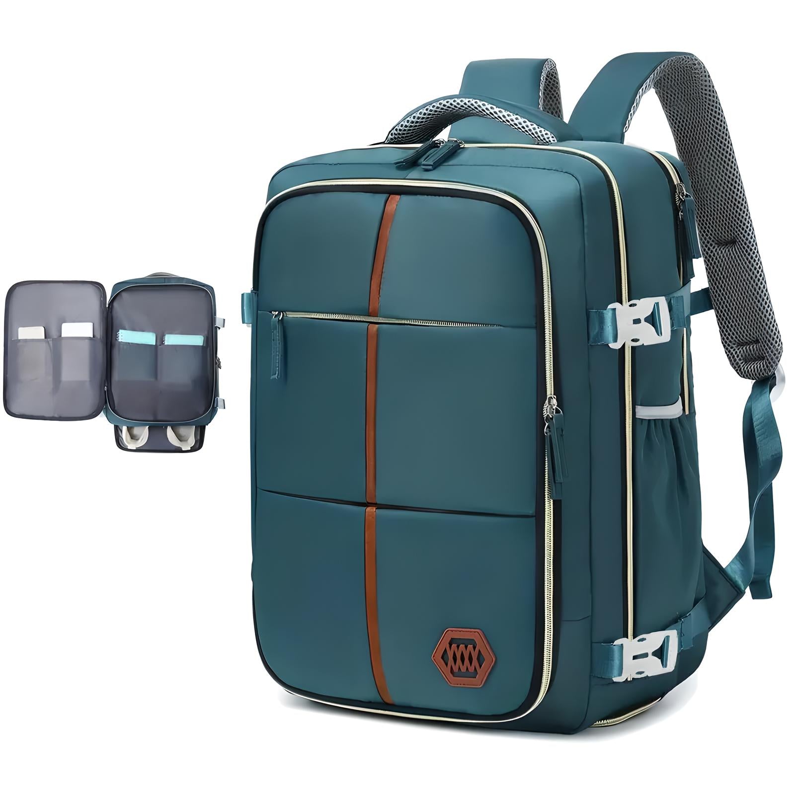 Teal travel backpack with brown accents, multiple compartments, and ergonomic straps, ideal for hiking and commuting. Includes detachable organizer pouch.