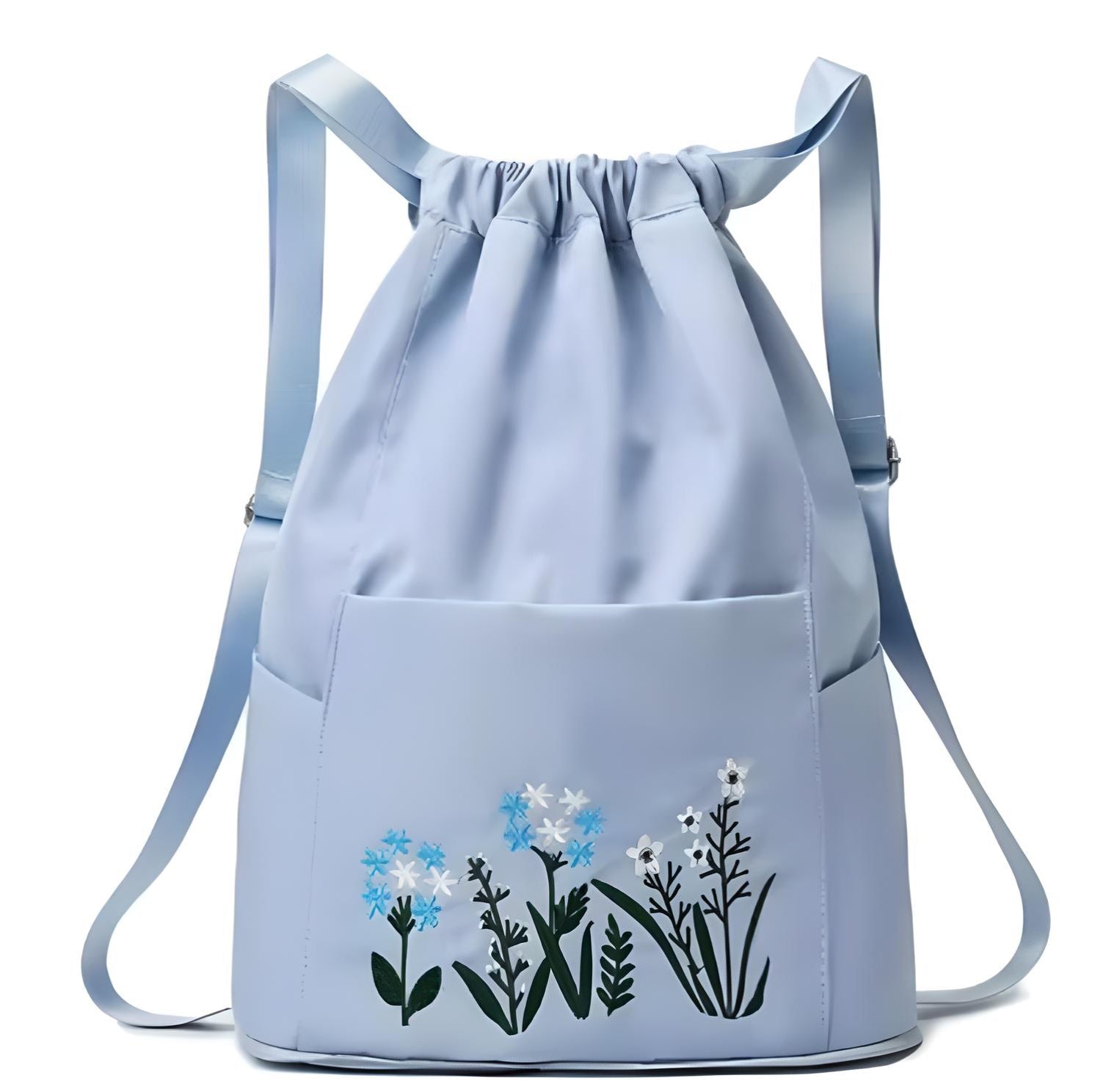 Light blue drawstring backpack with floral embroidery, featuring adjustable straps and front pocket. Stylish, trendy, and perfect for casual outings.