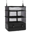 Hanging black mesh travel organizer with three shelves and zippered compartment, featuring hooks for easy closet storage. Ideal for efficient packing.