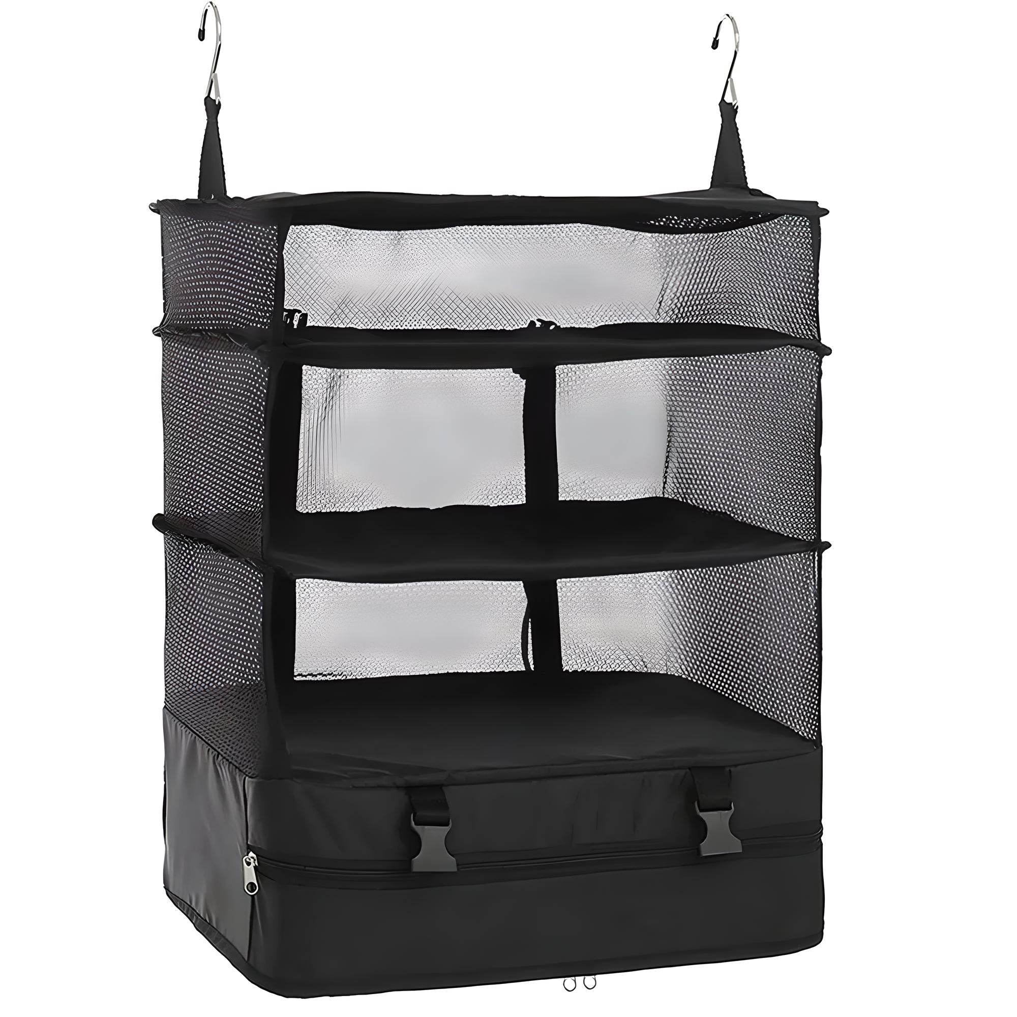 Hanging black mesh travel organizer with three shelves and zippered compartment, featuring hooks for easy closet storage. Ideal for efficient packing.