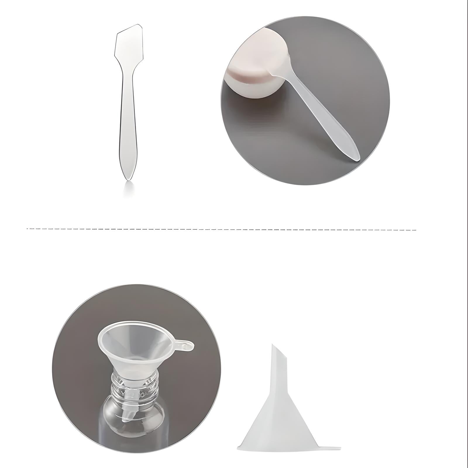 Plastic cosmetic spatula and funnel set for skincare products, featuring a clear spatula and small funnel for precise application and easy transfer.