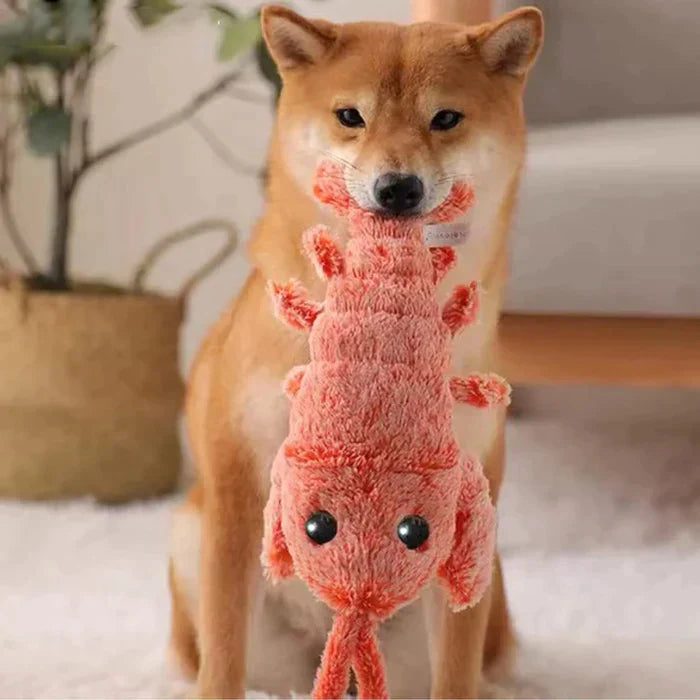 Shiba Inu holding a plush lobster toy in a cozy living room setting. Cute dog with stuffed animal, pet accessories, home decor.