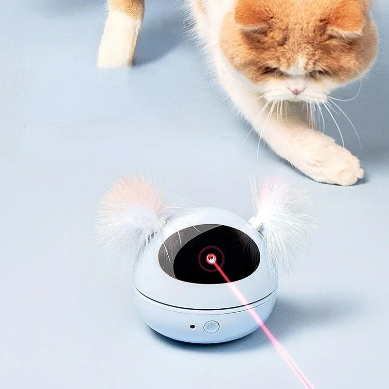 Interactive cat toy with laser, fluffy ears, and motion sensor on blue background. Perfect for pet entertainment and exercise.