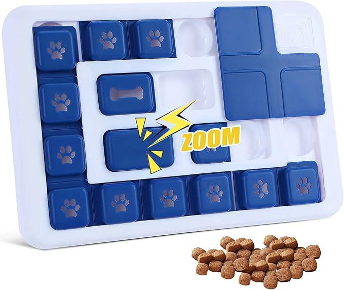 Dog puzzle toy with blue sliding tiles featuring paw prints, designed for mental stimulation and interactive play. Includes dog treats. Perfect for training.