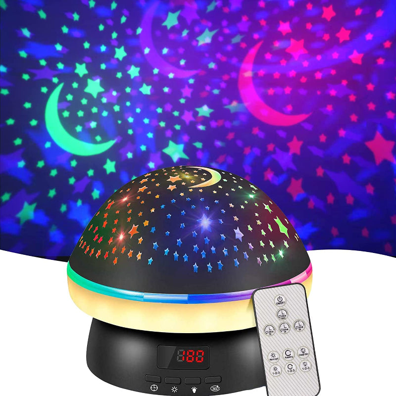 Star projector night light with remote control, featuring colorful LED galaxy patterns, crescent moon, and stars. Ideal for kids' bedroom decor.