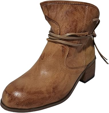 Brown leather ankle boot with block heel and wraparound laces, perfect for casual wear. Stylish women's footwear, durable and comfortable design.