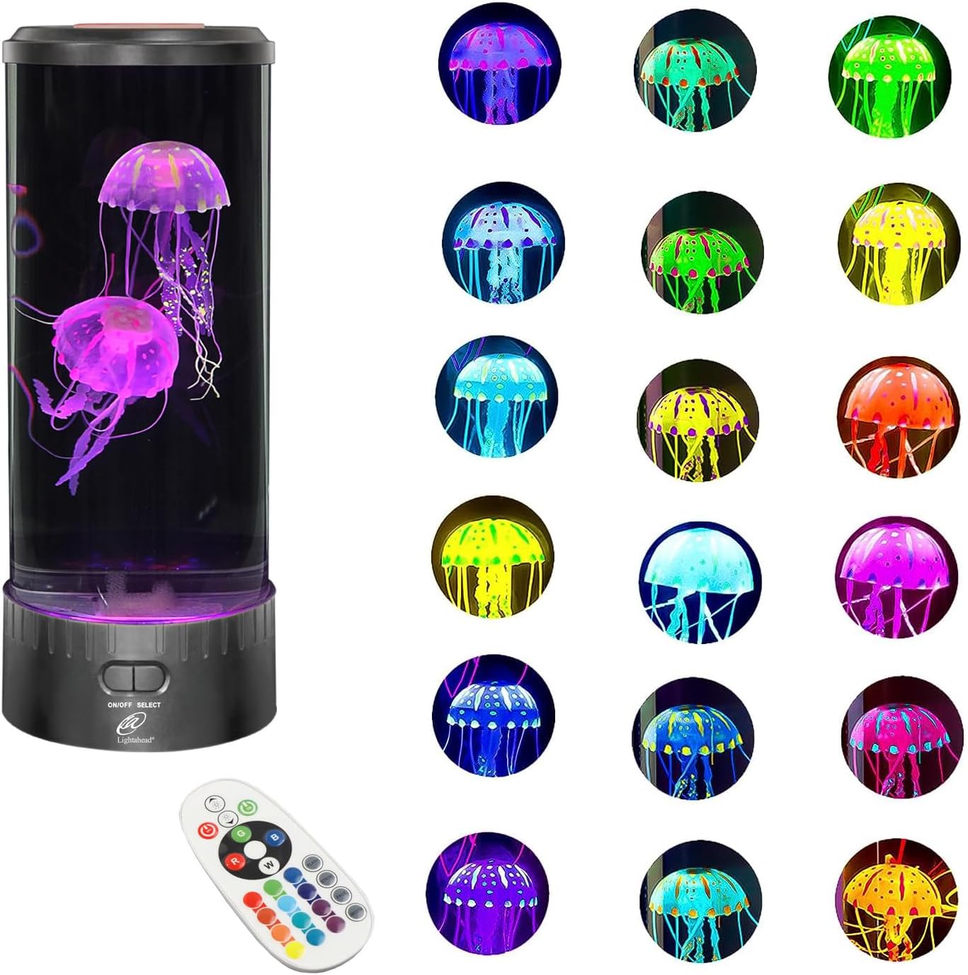 LED jellyfish lamp with remote control, featuring vibrant color-changing jellyfish in a cylindrical tank. Ideal for home decor and relaxation.