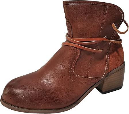 Brown leather ankle boot with block heel and wraparound strap, stylish women's footwear, perfect for casual and formal outfits, durable and trendy.