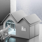 Gray outdoor heated cat house with waterproof design, featuring a cozy interior and "Welcome Home" sign, ideal for winter pet shelter.