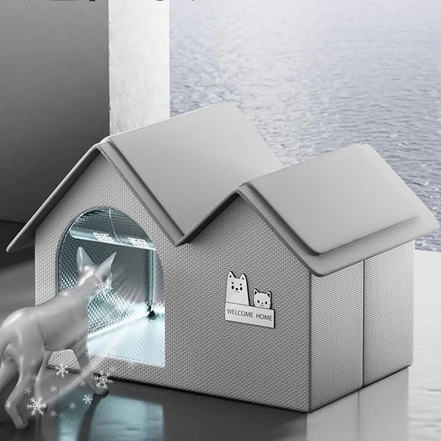 Gray outdoor heated cat house with waterproof design, featuring a cozy interior and "Welcome Home" sign, ideal for winter pet shelter.