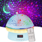 Star projector night light with remote control, displaying colorful stars and moon patterns on walls. Ideal for kids' bedrooms and ambient lighting.