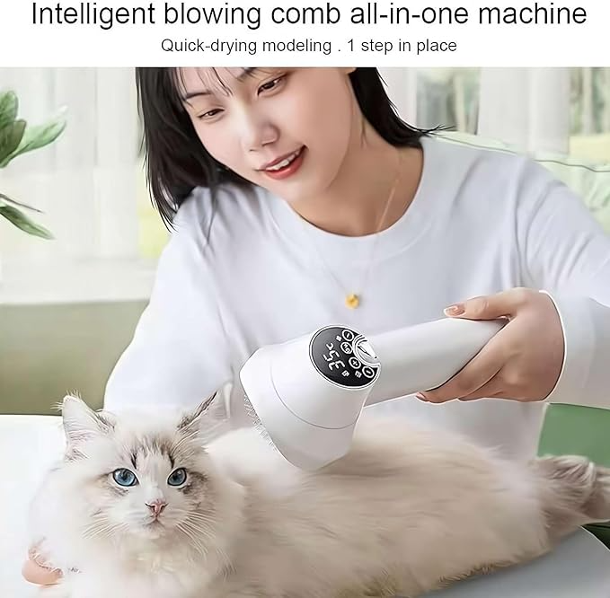 Woman using an intelligent blowing comb on a fluffy white cat; pet grooming tool, quick-drying, all-in-one machine for efficient cat care.