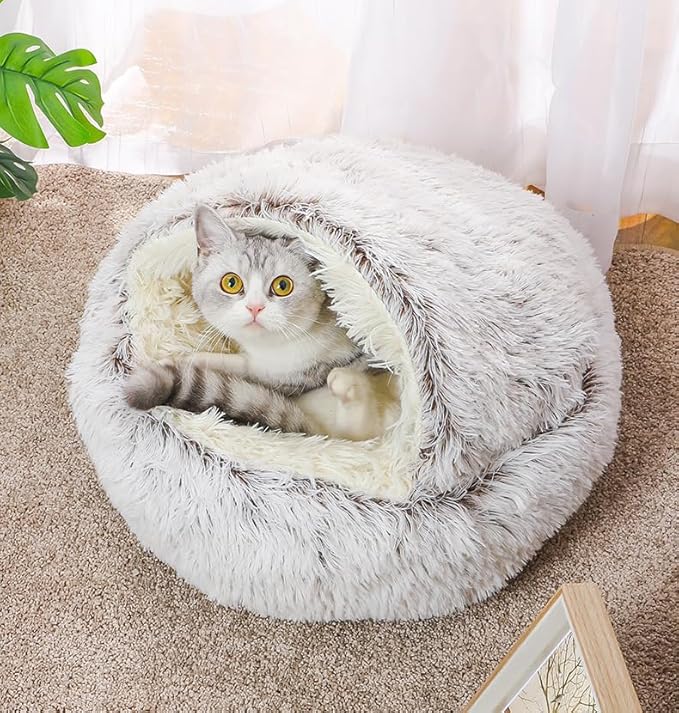 Fluffy cat bed with a gray and white cat inside, on a carpeted floor near a plant. Cozy pet furniture, perfect for cats, enhances home decor.