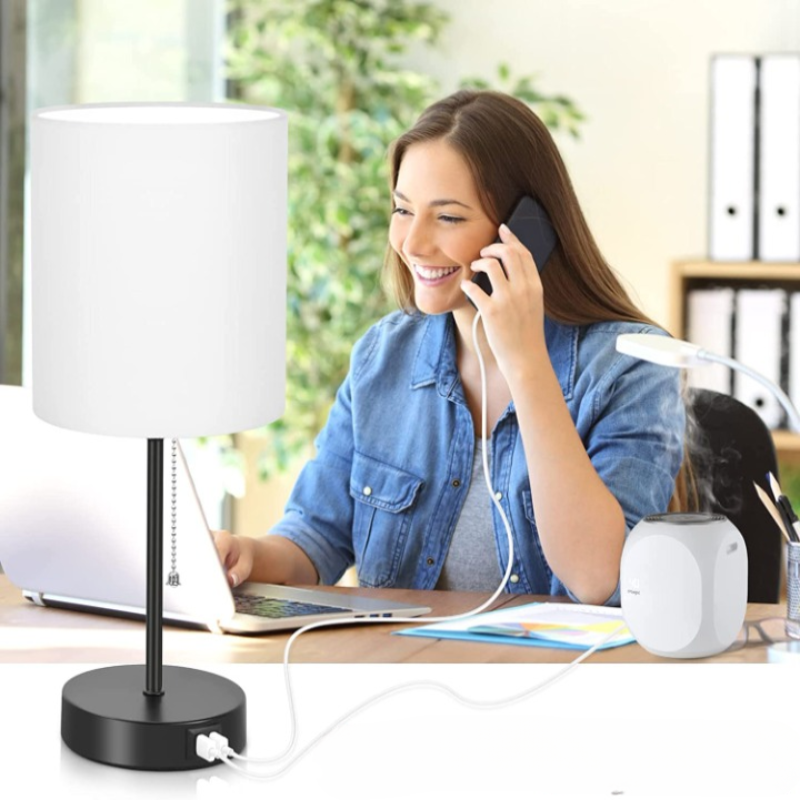 Modern black table lamp with USB charging port, white lampshade, and pull chain switch, ideal for home office desk lighting and decor.