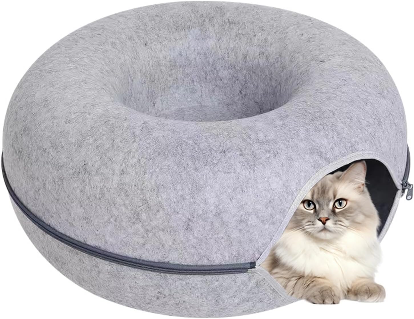 Cozy gray felt cat bed with a donut shape and zipper opening, featuring a fluffy white cat inside. Perfect pet furniture for comfort and style.