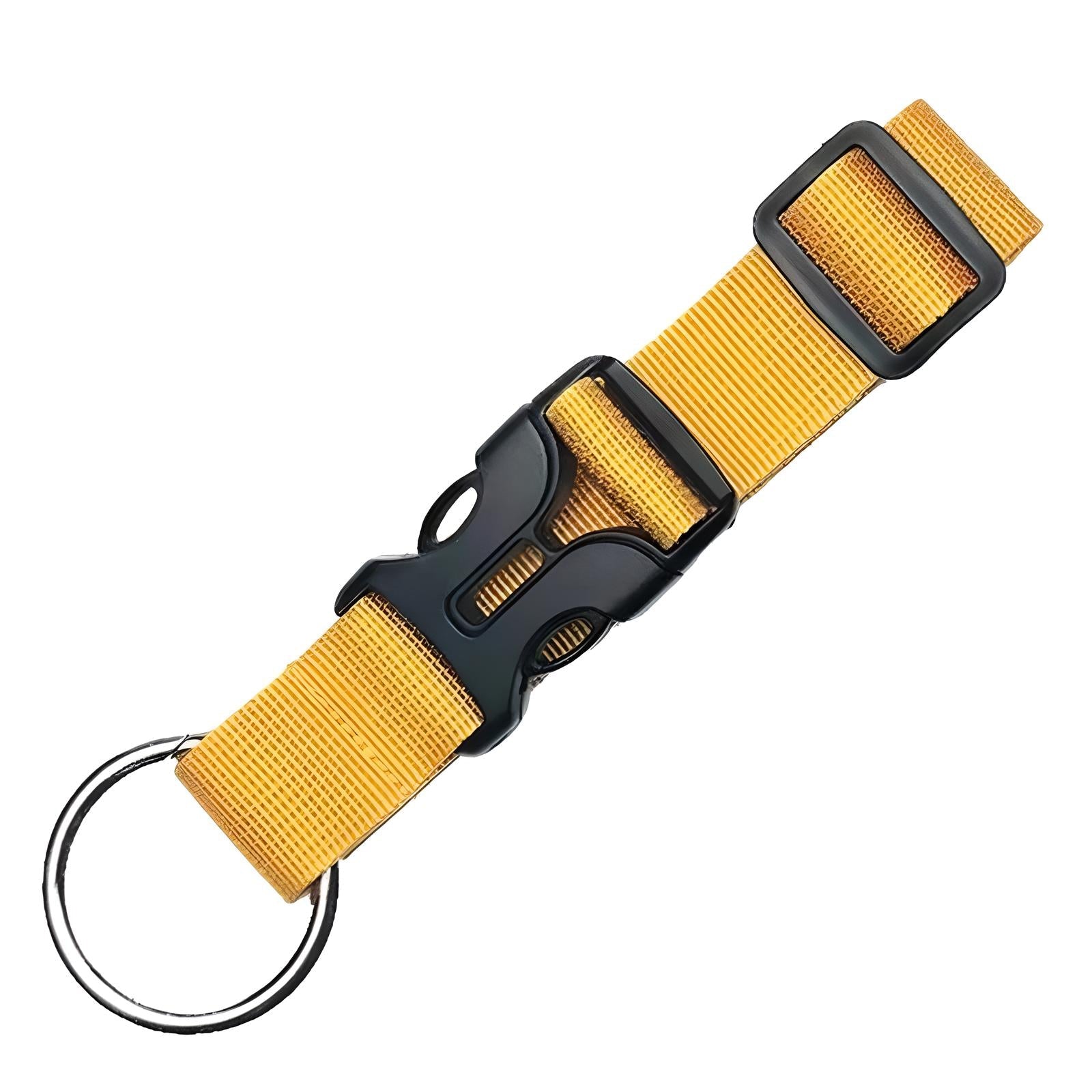 Yellow nylon keychain with black plastic buckle and metal keyring, durable and adjustable, ideal for organizing keys and accessories.