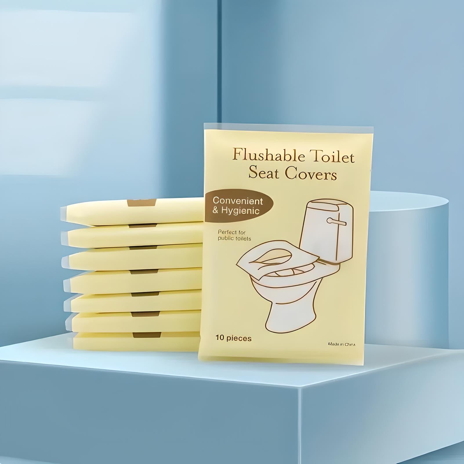 Flushable toilet seat covers pack, 10 pieces, convenient and hygienic, ideal for public restrooms. Eco-friendly, disposable, travel essentials.