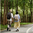 Two people walking on a forest path wearing stylish backpacks, surrounded by tall trees. Outdoor adventure, hiking gear, nature exploration.