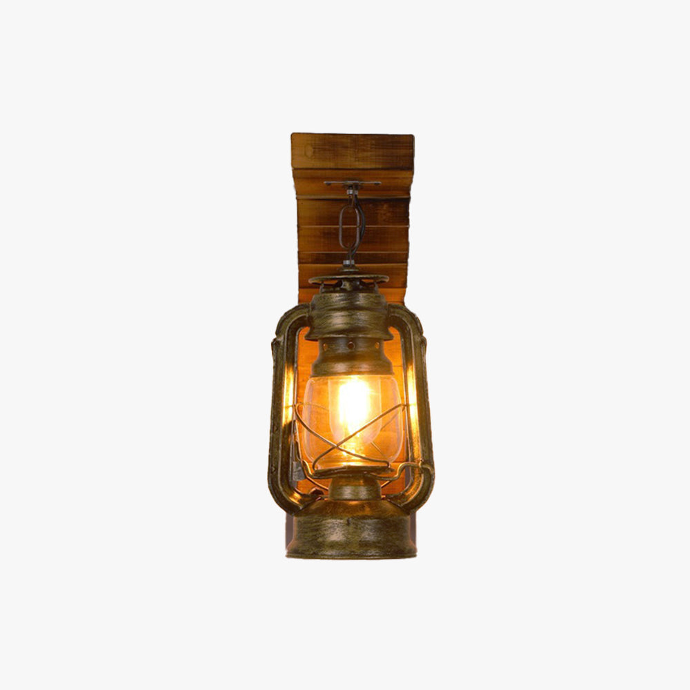 Vintage rustic wall-mounted lantern with warm glowing light, antique metal finish, and wooden backplate. Perfect for farmhouse or industrial decor.