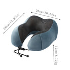 Ergonomic memory foam travel neck pillow in blue with adjustable drawstring, mesh lining, and dimensions 26x28x12 cm for comfortable support.