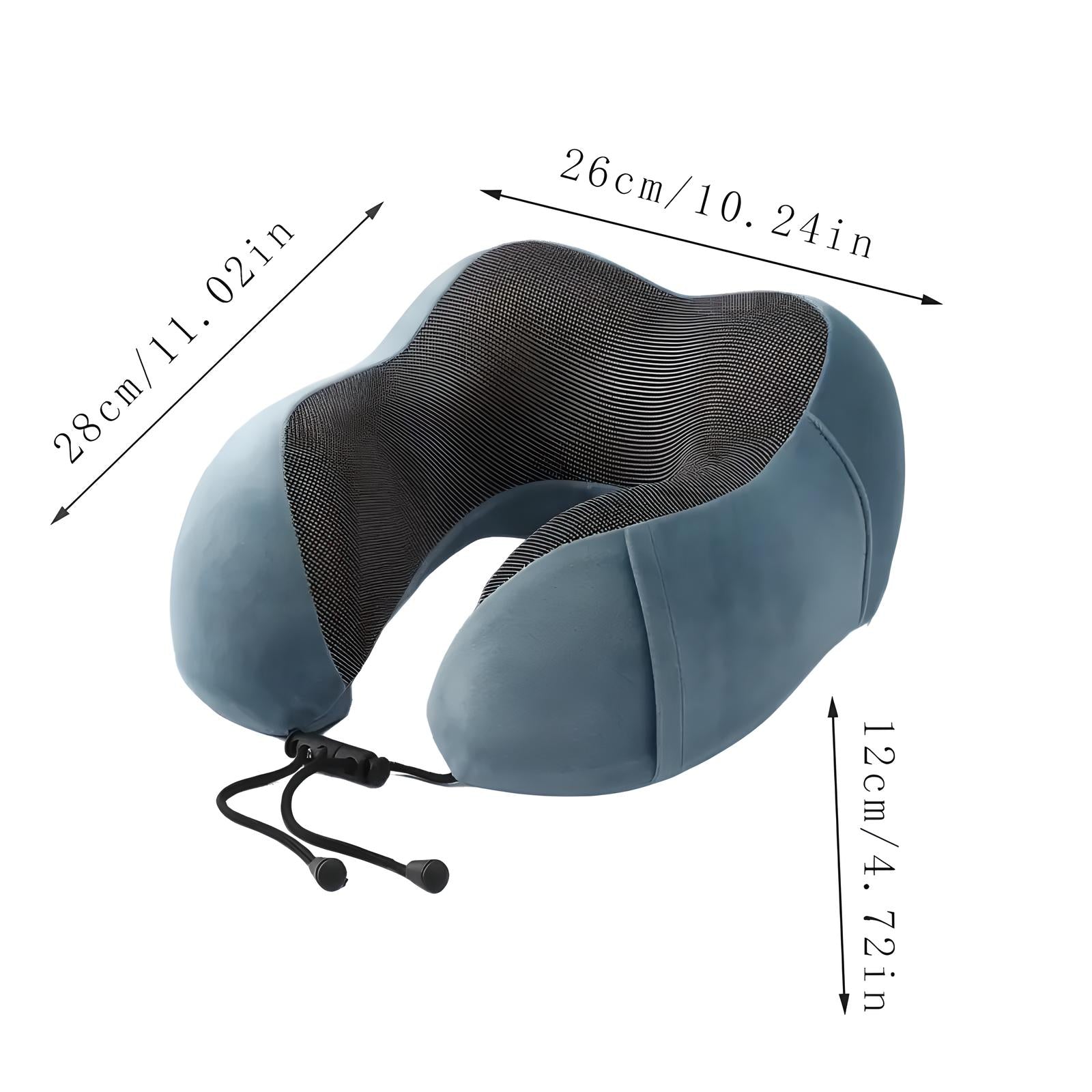 Ergonomic memory foam travel neck pillow in blue with adjustable drawstring, mesh lining, and dimensions 26x28x12 cm for comfortable support.