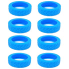 Eight blue silicone rubber tire bands with textured tread pattern, arranged in two rows. Ideal for toy cars, RC vehicles, or DIY projects.