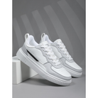 White and gray athletic sneakers with textured soles, featuring a modern design. Perfect for casual wear or sports. High-quality footwear.