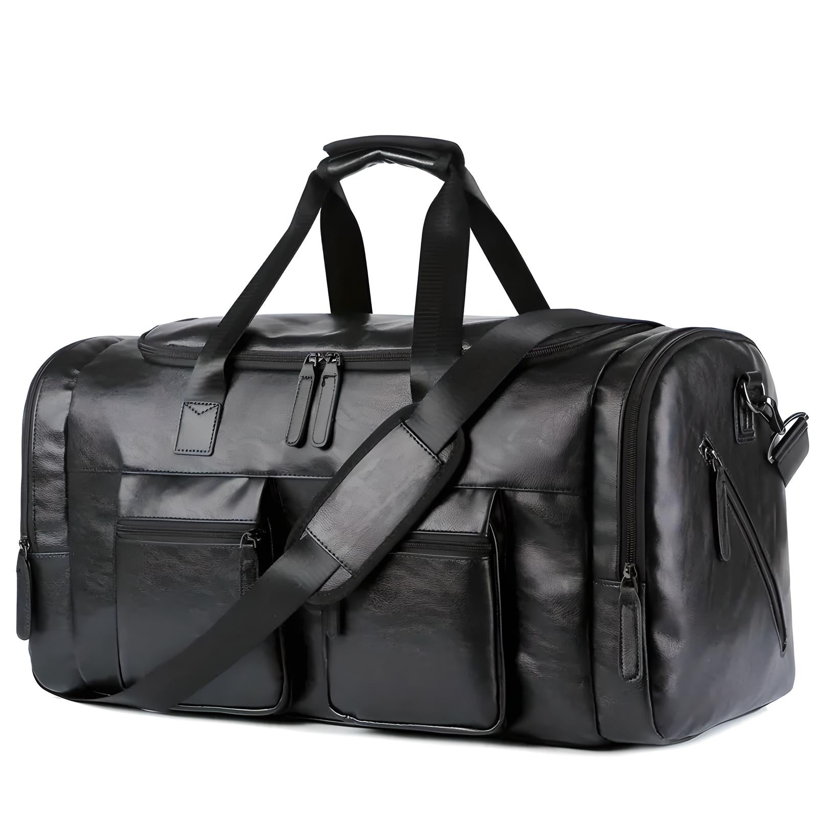 Sleek black leather duffel bag with multiple pockets, adjustable shoulder strap, and durable handles. Perfect for travel, gym, or weekend trips.