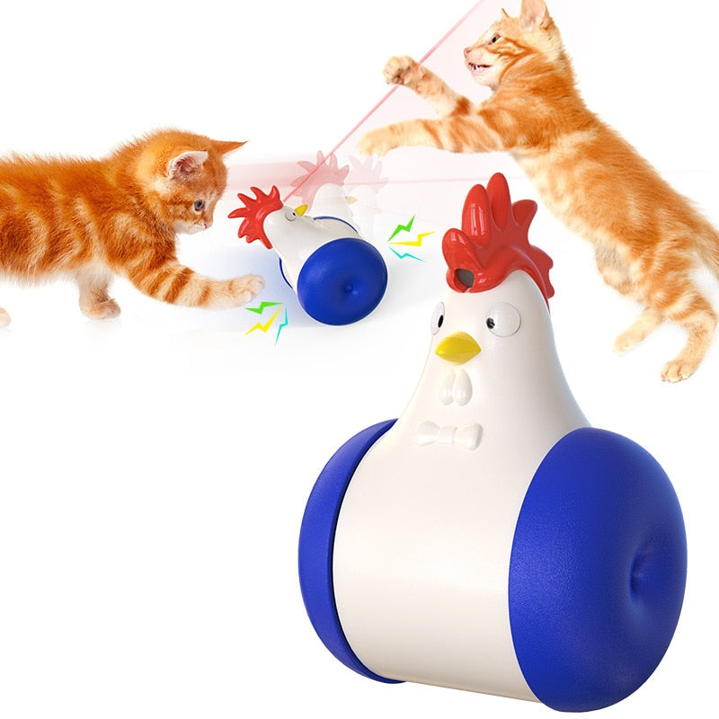 Interactive cat toy with chicken design and blue wheels, featuring laser pointer for playful kittens. Ideal for pet entertainment and exercise.