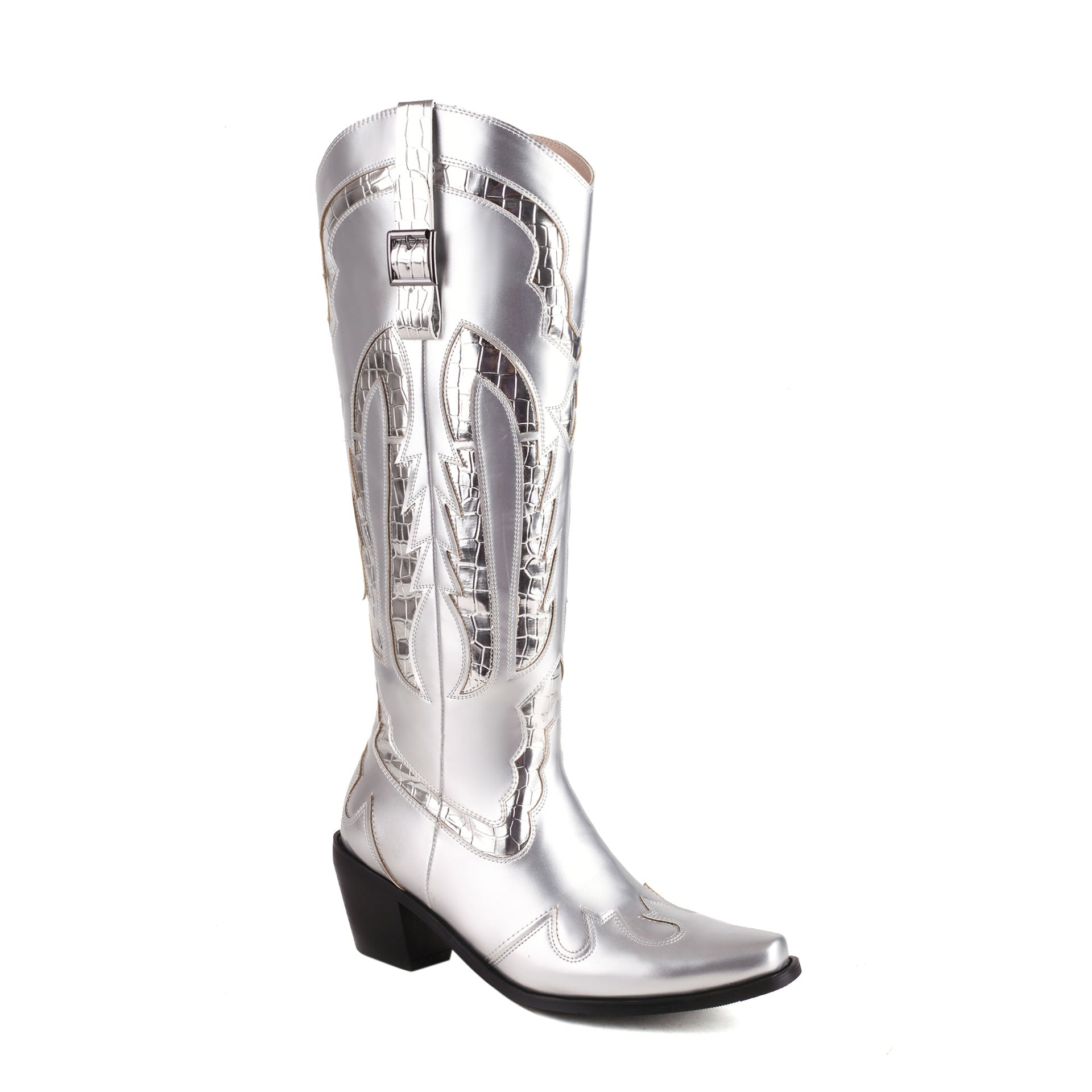 Silver cowboy boot with intricate stitching, pointed toe, and block heel. Stylish western footwear for fashion-forward individuals.