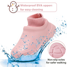 Pink waterproof EVA kids' shoe with non-slip soles, splash-proof design, and easy-clean feature. Ideal for safe walking in wet conditions.